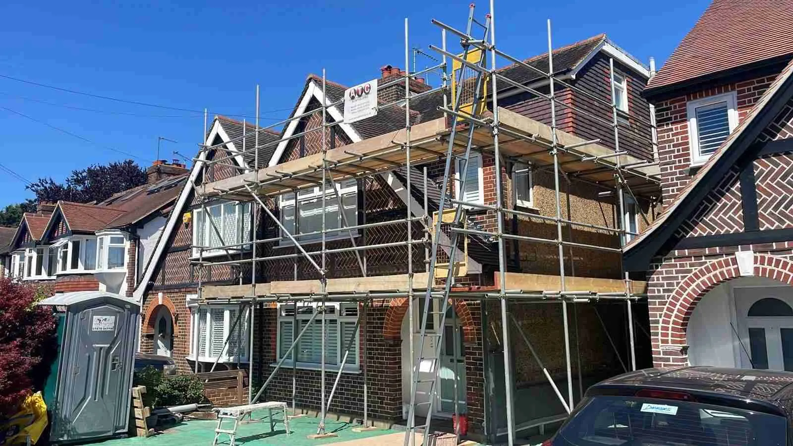 Domestic scaffolding erected by ATC Scaffolding around a house for roofing and exterior works
